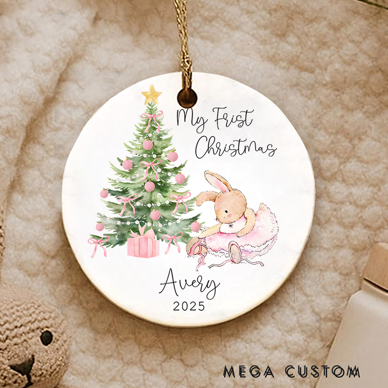 Personalized Bunny with Christmas Tree Baby's First Christmas Ornament