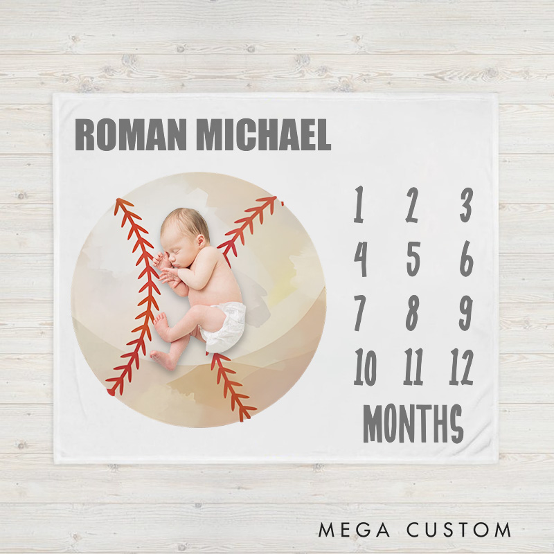 Personalized Baseball Milestone Baby Blanket Featuring A Sports-Inspired Growth Tracker Baby Blanket