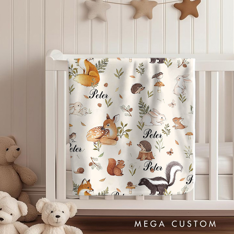 Personalized Woodland Animals Baby Blanket Showcasing Playful Forest Creatures And Nature Elements Baby Blanket