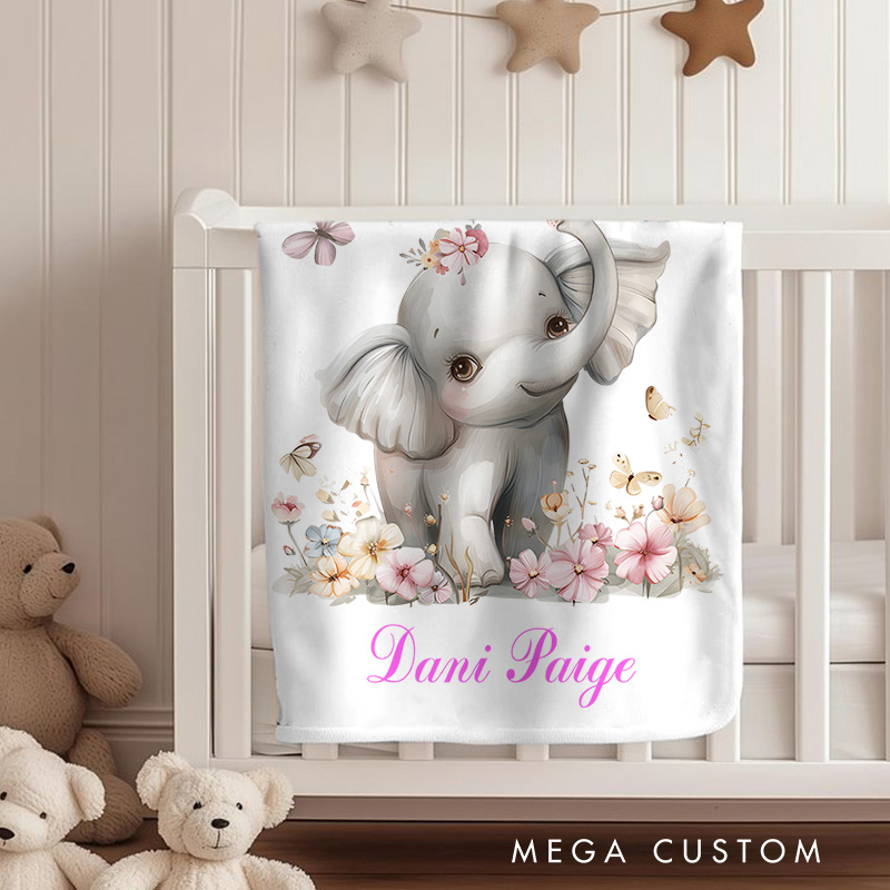 Personalized Elephant Illustration Baby Blanket Highlighting A Cute Elephant With Floral Details Baby Blanket