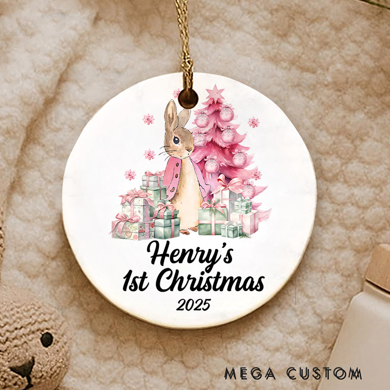 Personalized Pink Bunny and Gifts Baby's First Christmas Ornament