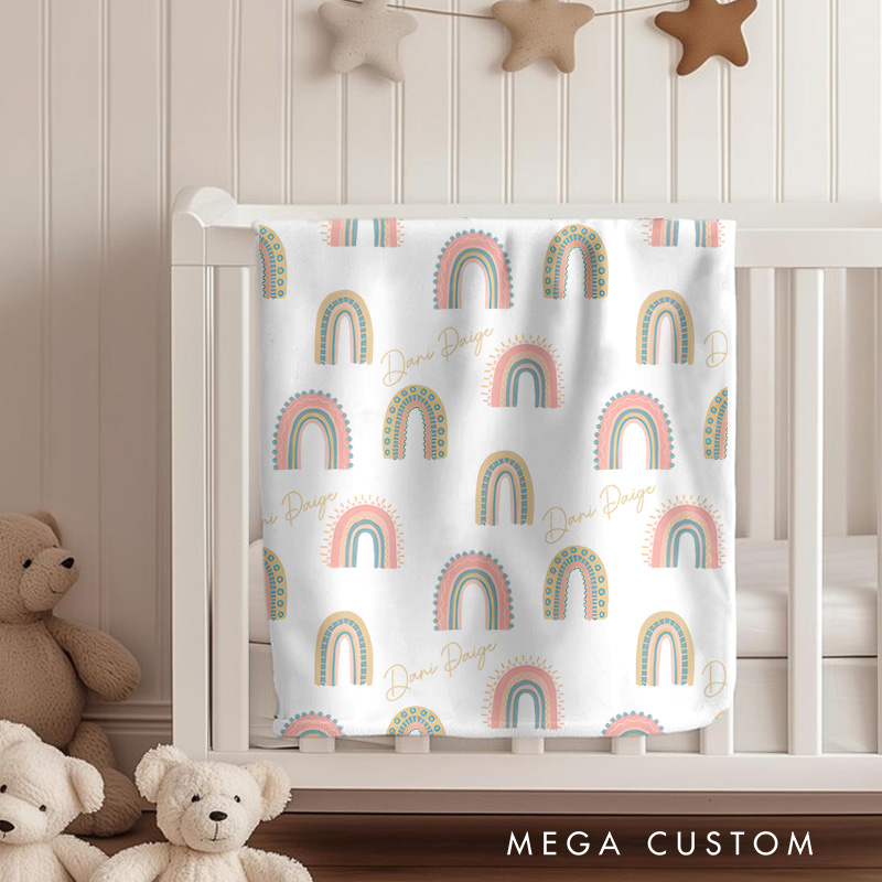 Personalized Rainbow Pattern Baby Blanket Featuring Colorful And Cheerful Rainbow Illustrations Baby Blanket