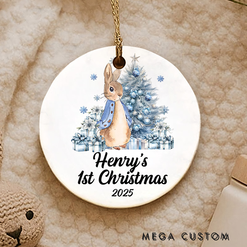 Personalized Blue Bunny with Snowflakes Baby's First Christmas Ornament