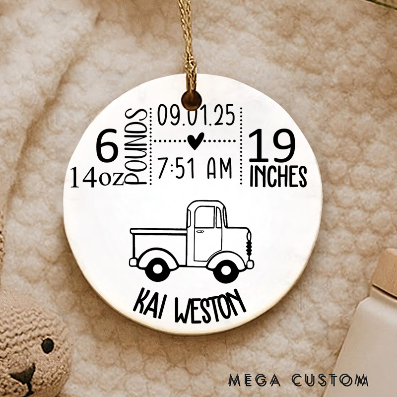 Personalized Baby Stats and Truck Design First Christmas Ornament