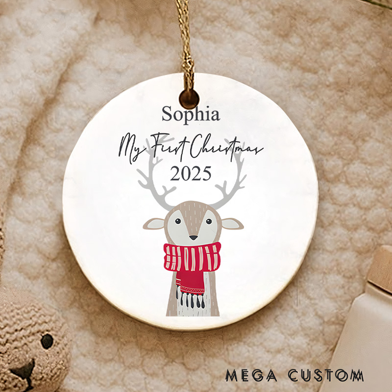 Personalized Reindeer in Scarf Baby's First Christmas Ornament Newborn Gift