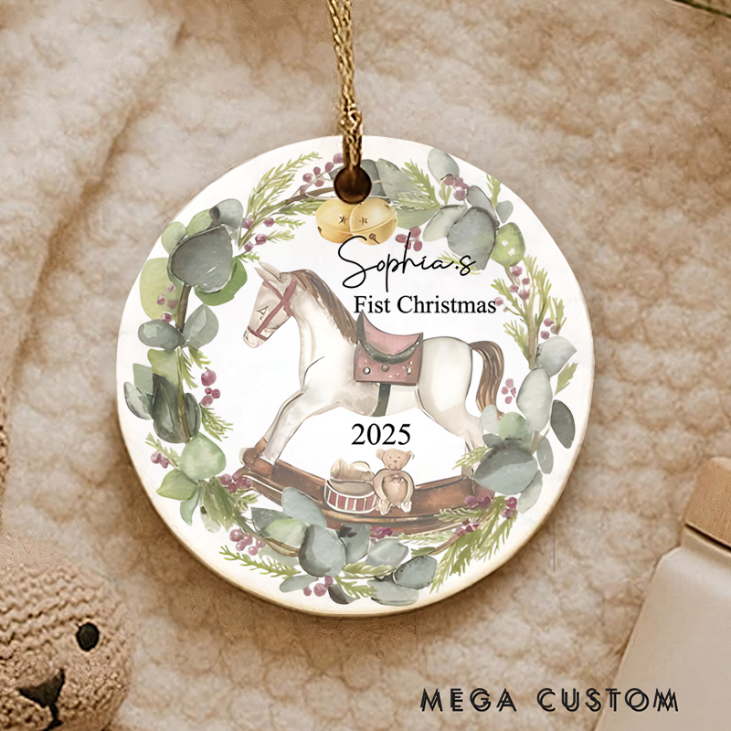 Personalized Rocking Horse with Greenery Wreath First Christmas Ornament Funny Baby Gift