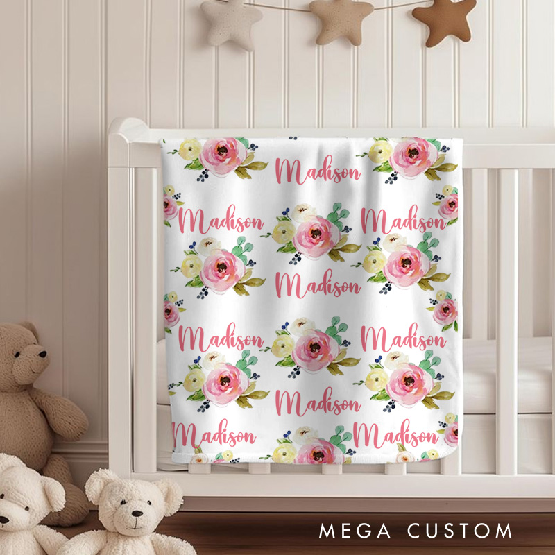 Personalized Floral Name Pattern Baby Blanket Showcasing Repeated Name Prints With Lovely Flowers Baby Blanket