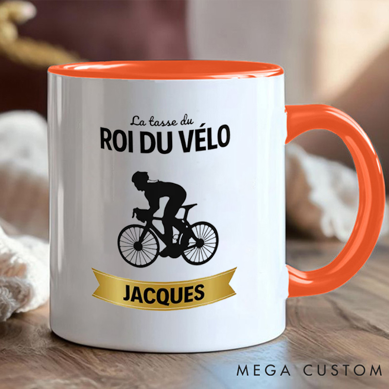 Personalized King of Cycling Coffee Cup Mug with Yellow Handle for Outdoor Adventures Riding Cycling Biking Enthusiasts
