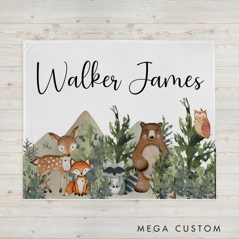 Personalized Woodland Scene Baby Blanket Featuring Forest Animals And Lush Greenery Baby Blanket