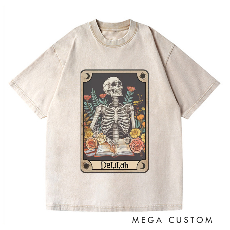 Personalized The Reader Tarot Card Washed T-Shirts Skeleton Reading Shirt Unisex Tarot Card Shirt Book Lover Gift Bookish Gift