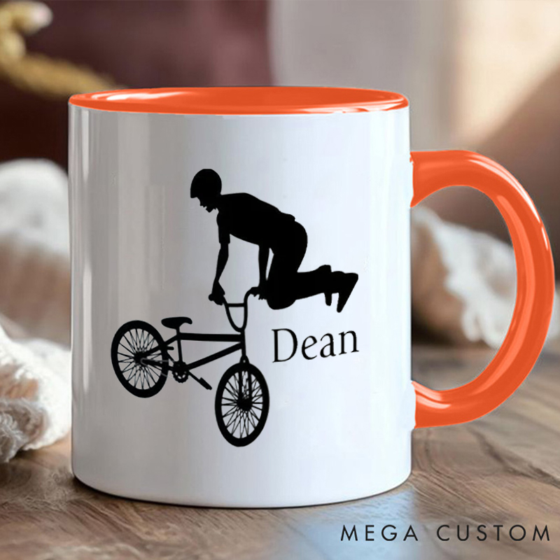 Personalized BMX Stunt Coffee Cup Mug with Stunt Rider Silhouette for Outdoor Adventures Riding Cycling Biking Enthusiasts
