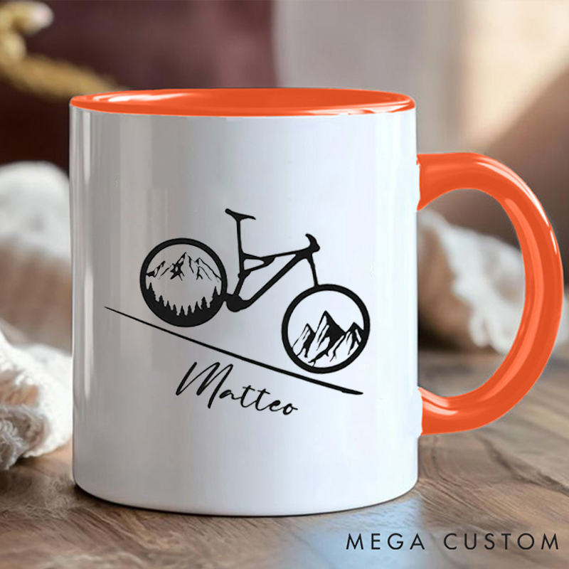 Personalized Mountain Bike Coffee Cup Mug with Scenic Bike Illustration for Outdoor Adventures Riding Cycling Biking Enthusiasts
