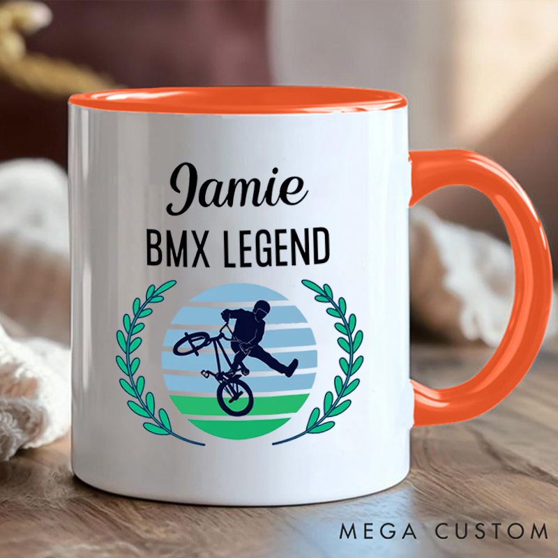 Personalized BMX Legend Coffee Cup Mug with Name and Stunt Design for Outdoor Adventures Riding Cycling Biking Enthusiasts