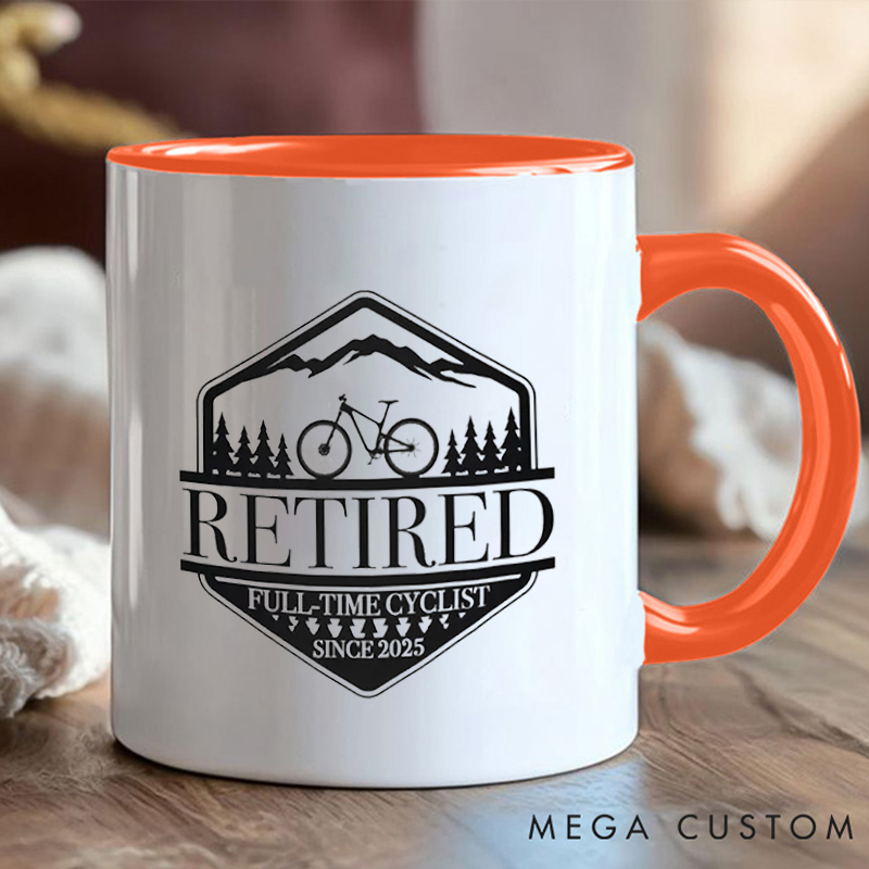 Personalized Retired Cyclist Coffee Cup Mug with Mountain Design for Outdoor Adventures Riding Cycling Biking Enthusiasts