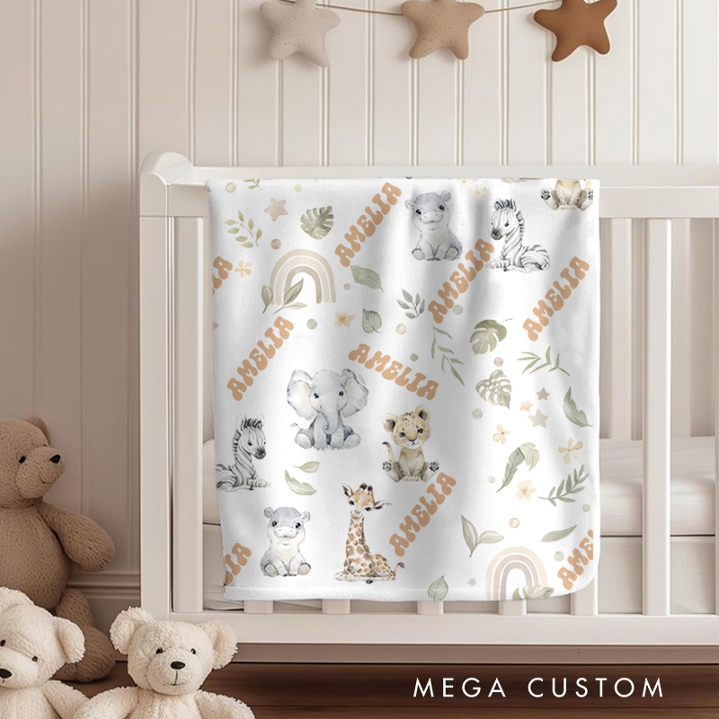 Personalized Safari Animal Pattern Baby Blanket Featuring Cute Animal Illustrations And Rainbows Baby Blanket  
