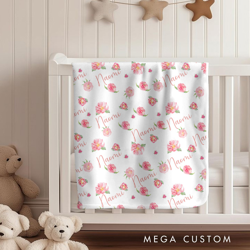 Personalized Floral Rose Pattern Baby Blanket Showcasing Beautiful And Delicate Rose Illustrations Baby Blanket  