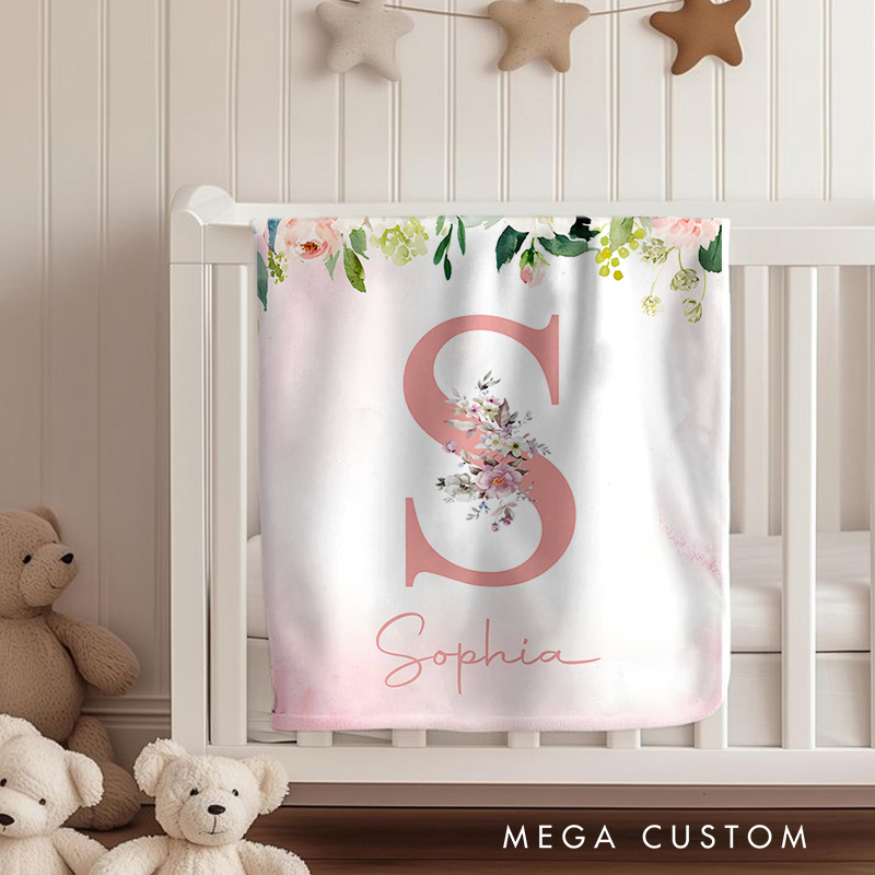 Personalized Initial And Floral Baby Blanket Featuring A Beautiful Initial With Floral Accents Baby Blanket