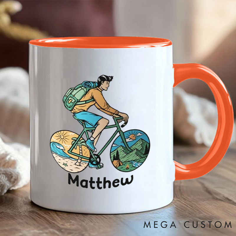 Personalized Adventure Cycling Coffee Cup Mug with Colorful Outdoor Illustration for Outdoor Adventures Riding Cycling Biking Enthusiasts