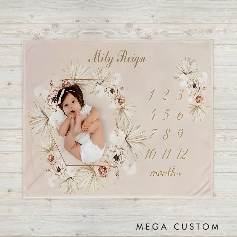 Personalized Floral Photo Milestone Baby Blanket Featuring A Growth Tracker Baby Blanket