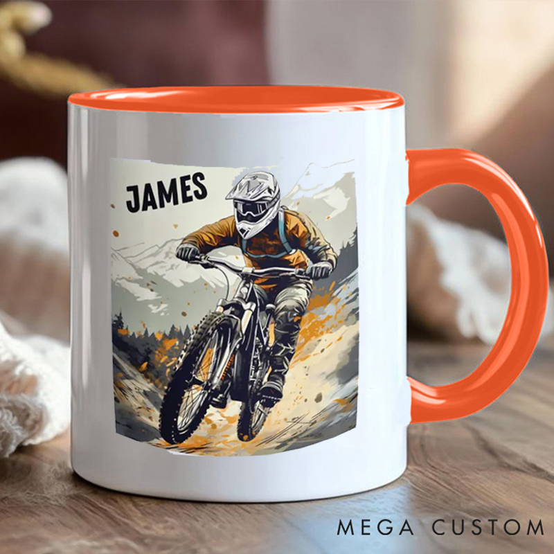 Personalized Mountain Biking Coffee Cup Mug with Downhill Biker for Outdoor Adventures Riding Cycling Biking Enthusiasts