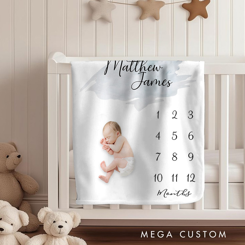 Personalized Watercolor Brushstroke Milestone Baby Blanket Highlighting A Name And Tracker Baby Blanket