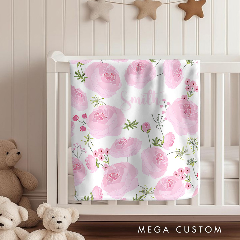 Personalized Pink Rose Pattern Baby Blanket Featuring Beautiful And Elegant Floral Illustrations Baby Blanket
