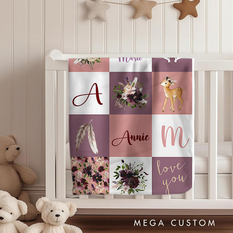 Personalized Patchwork Baby Blanket Showcasing Unique Patterns, Names, And Lovely Illustrations Baby Blanket
