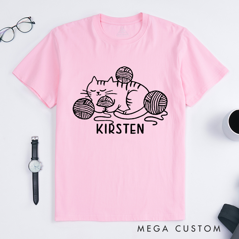 Personalized Knit Cat Classic T-Shirts Gift for Knitting Lovers Yarn Ball Cute Kitten Graphic Tee Cozy Pet Lover Shirt