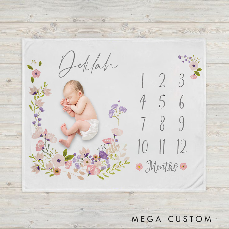 Personalized Daisy Wreath Milestone Baby Blanket Highlighting A Delicate Floral Wreath And Tracker Baby Blanket