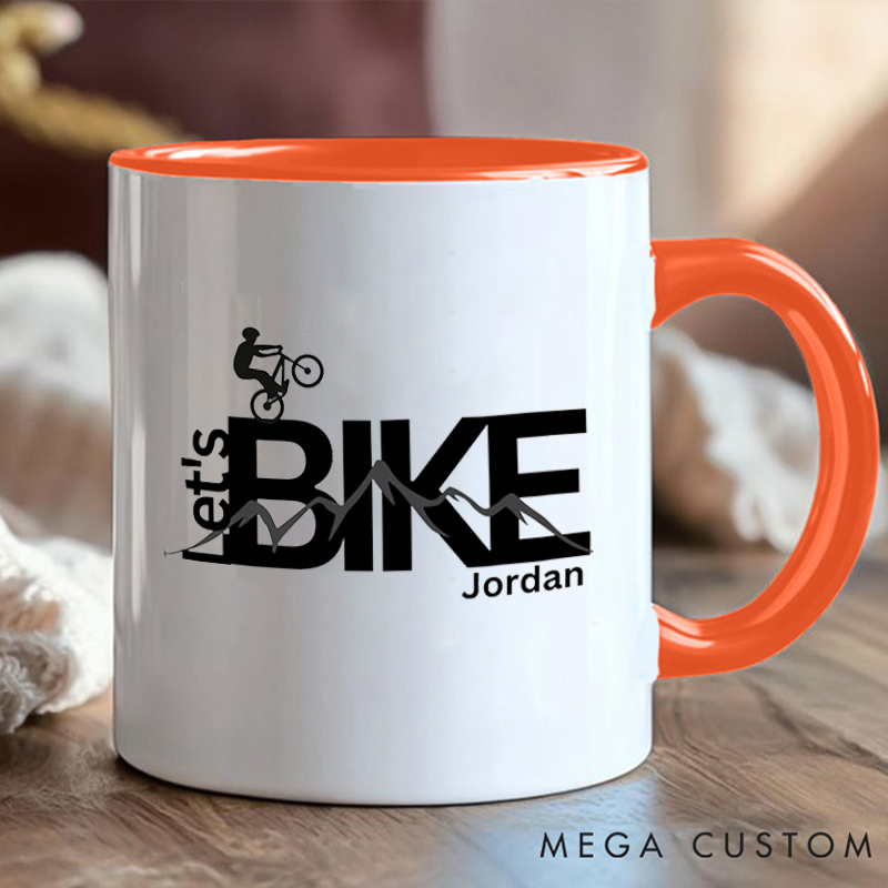 Personalized Lets Bike Coffee Cup Mug with Cyclist and Mountain Art for Outdoor Adventures Riding Cycling Biking Enthusiasts