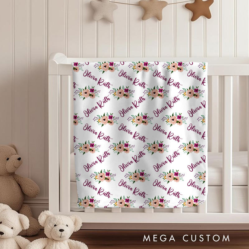 Personalized Name And Floral Pattern Baby Blanket Featuring Repeated Names And Beautiful Flowers Baby Blanket