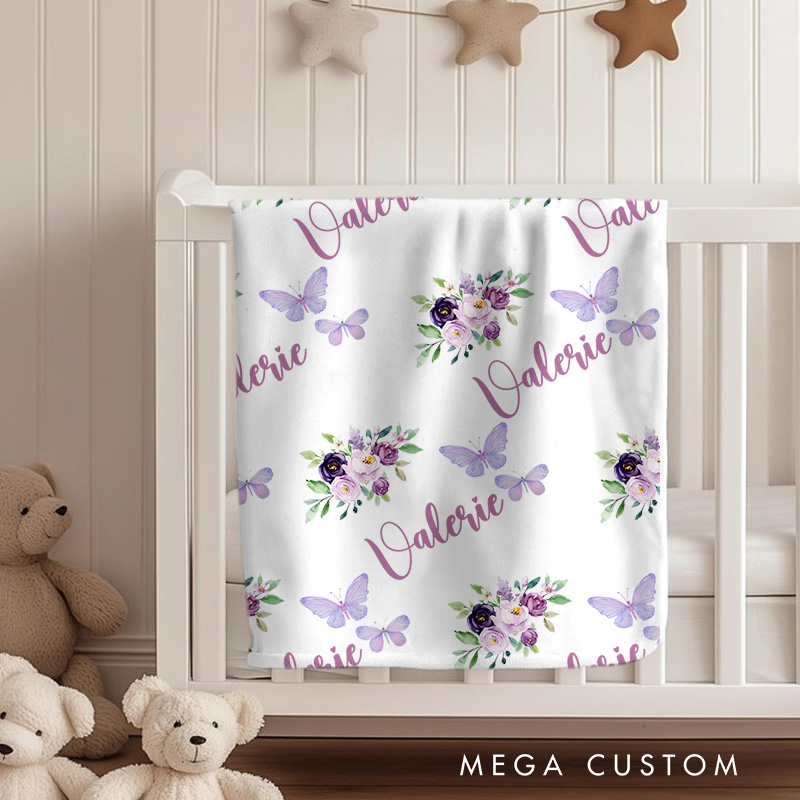 Personalized Butterfly And Floral Baby Blanket Highlighting Delicate Butterflies And Lovely Flowers Baby Blanket