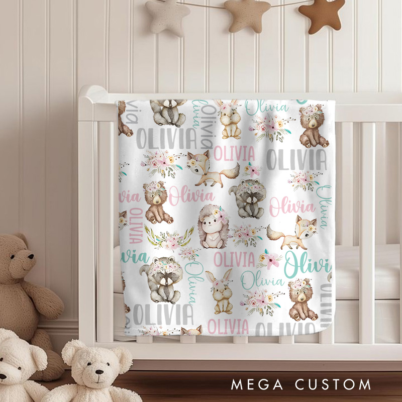 Personalized Name Pattern Baby Blanket Showcasing Repeated Name Prints With Playful Illustrations Baby Blanket