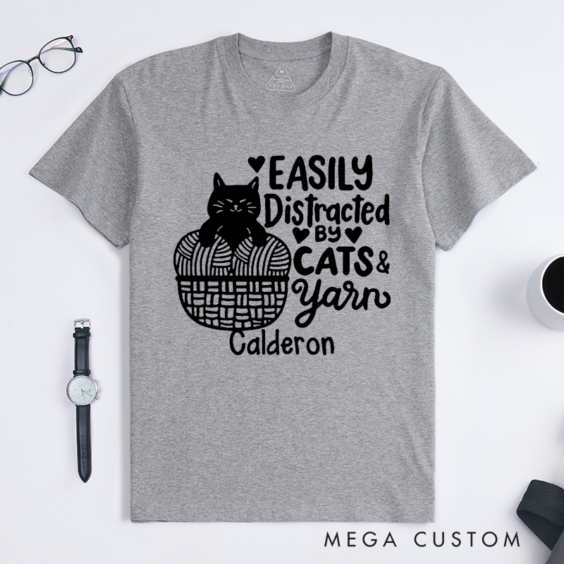 Personalized Easily Distracted by Cat and Yarn Classic T-Shirts for Knitting Lovers Funny Crochet Shirt Gift for Cat Lover