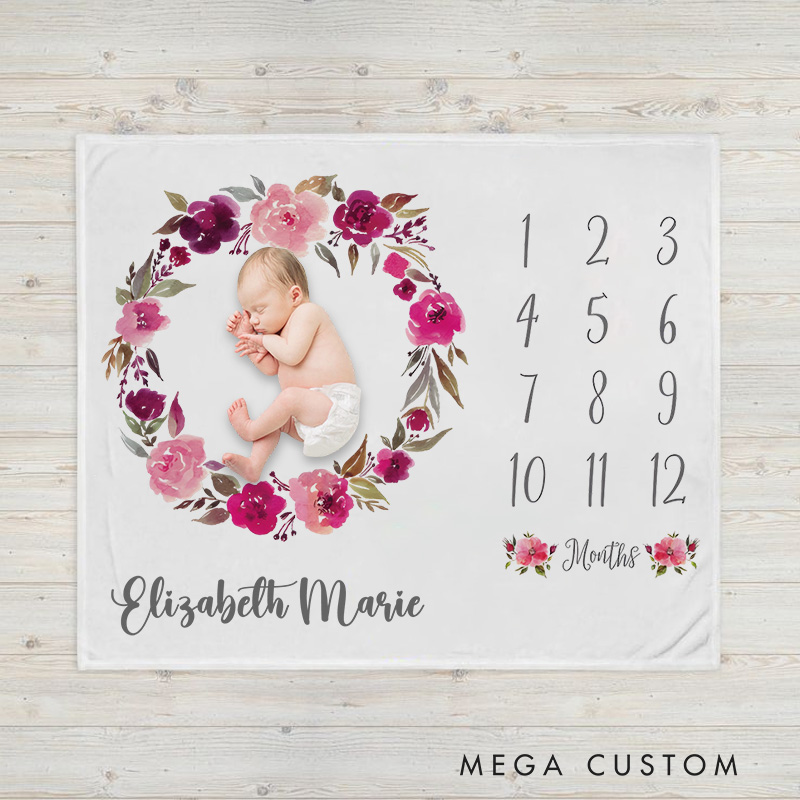 Personalized Floral Wreath Milestone Baby Blanket Highlighting A Delicate Growth Tracker Baby Blanket