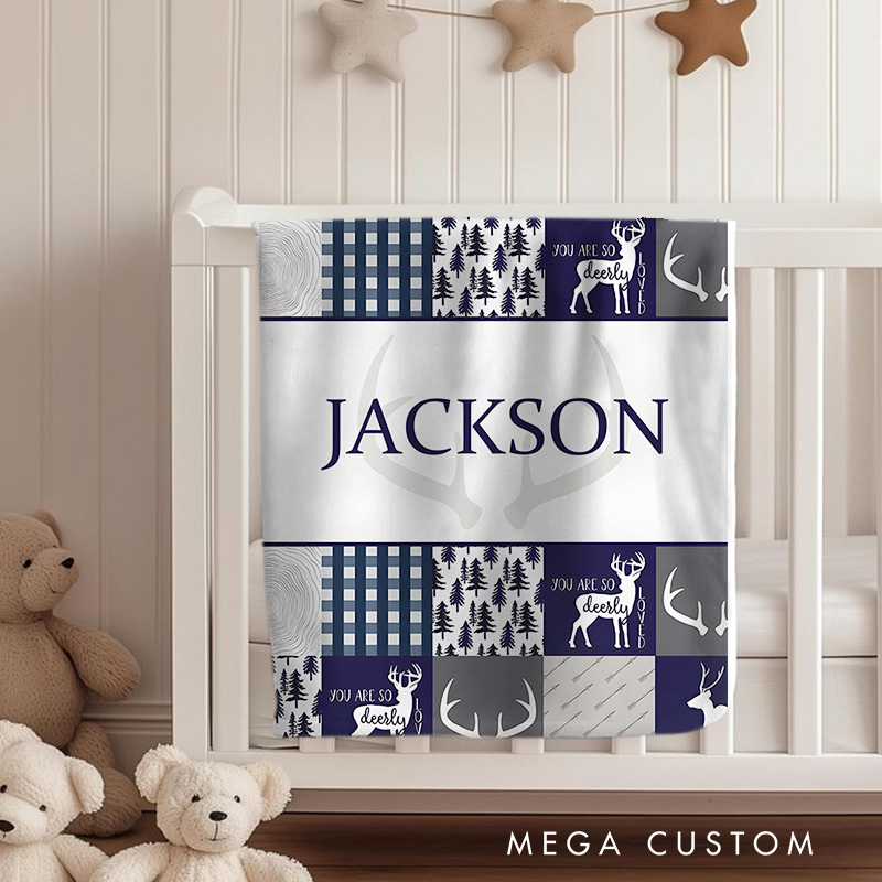 Personalized Plaid And Deer Pattern Baby Blanket Featuring A Bold Name And Rustic Elements Baby Blanket