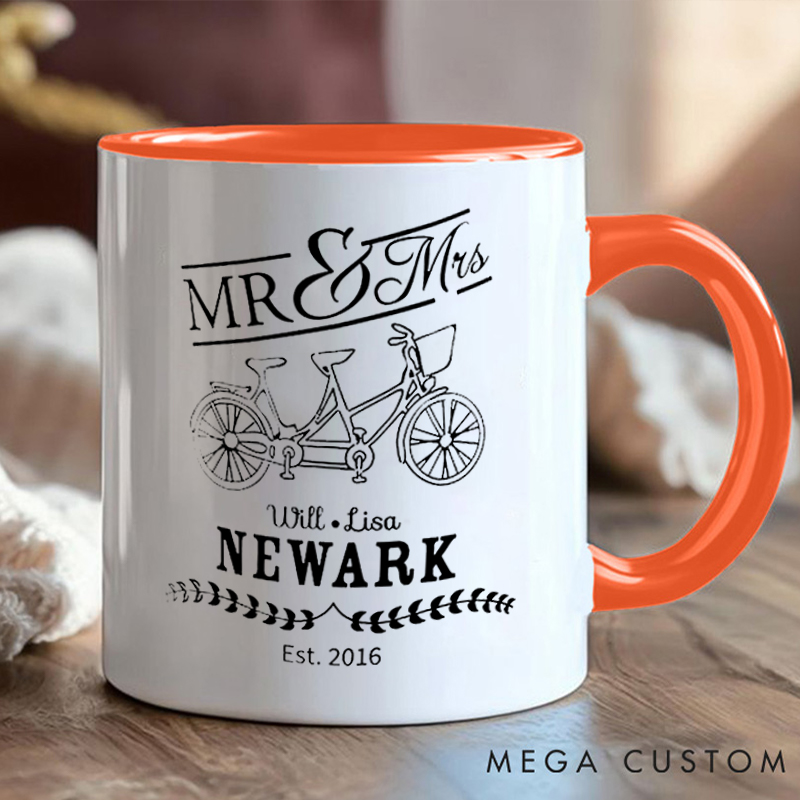 Personalized Mr Mrs Tandem Bike Coffee Cup Mug with Celebrate Wedding Anniversary for Outdoor Adventures Riding Cycling Biking Enthusiasts