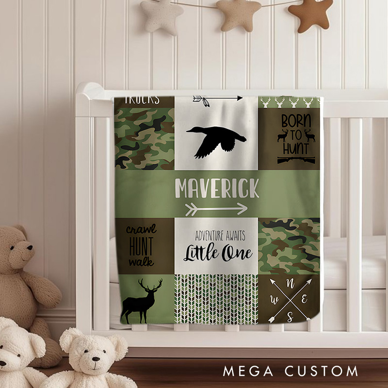 Personalized Rustic Patchwork Baby Blanket Showcasing Nature-Inspired Patterns And Text Baby Blanket