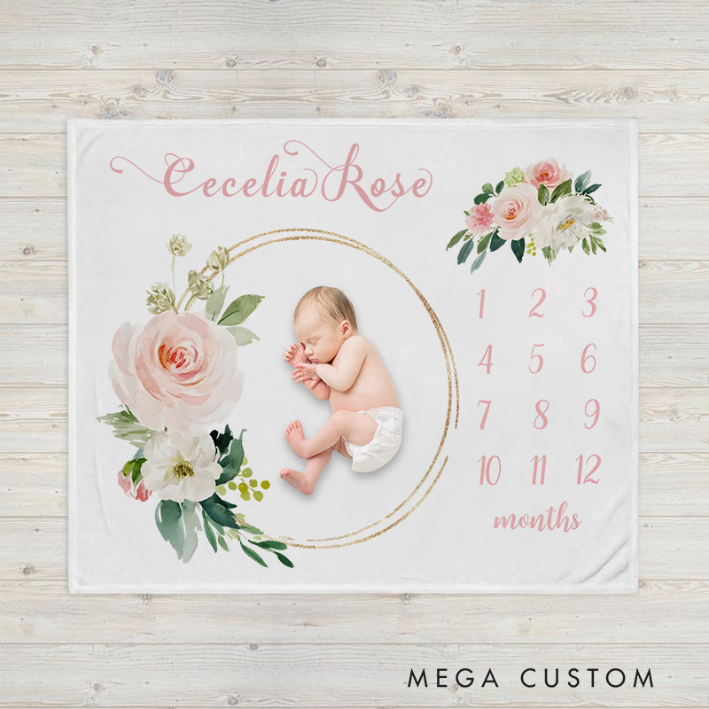 Personalized Floral Milestone Baby Blanket Featuring A Beautiful Flower Wreath And Tracker Baby Blanket