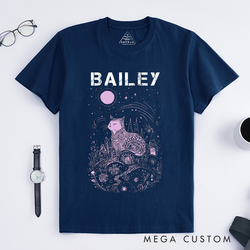 Personalized Cat Fantasy Art Classic T-Shirt Mystical Cat Lover Custom Gift for Women Men Unique Artistic Animal Shirt Personalized Name Tee