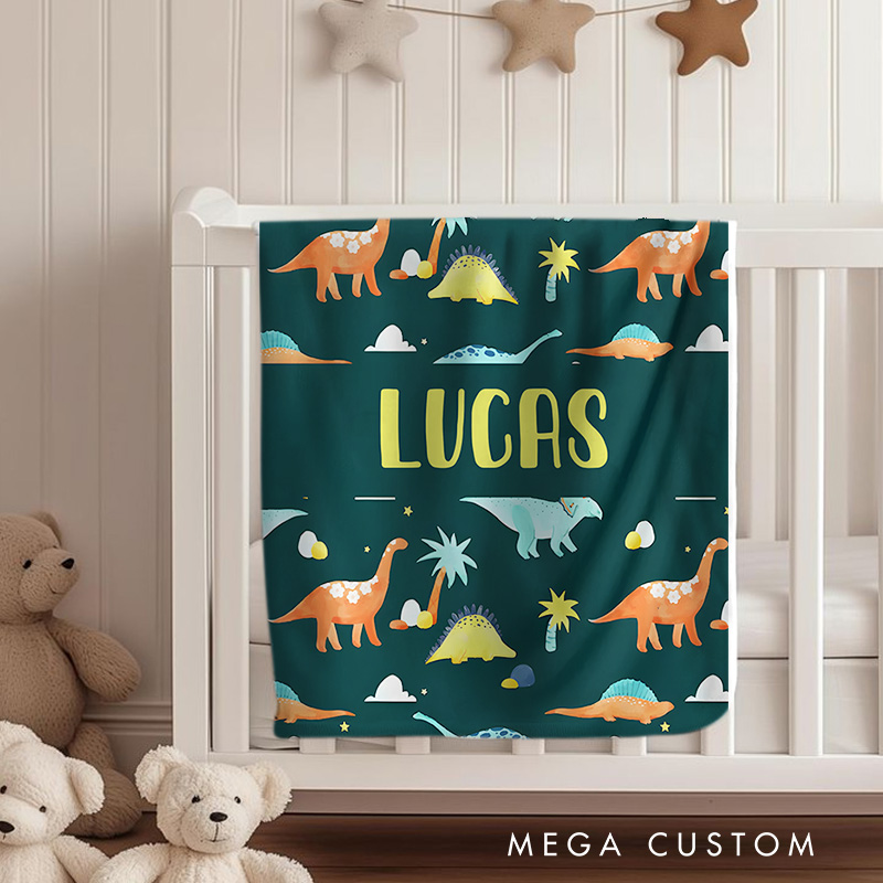 Personalized Dinosaur Illustration Baby Blanket Featuring Bold Dinosaur Prints And A Name Baby Blanket