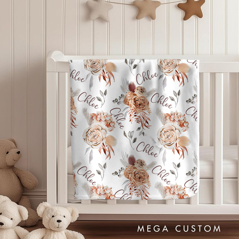 Personalized Floral Name Pattern Baby Blanket Featuring Elegant Roses And Repeated Names Baby Blanket
