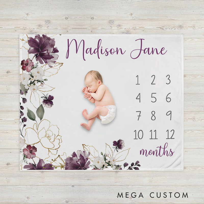 Personalized Floral Milestone Baby Blanket Highlighting Delicate Flowers And Growth Tracker Baby Blanket