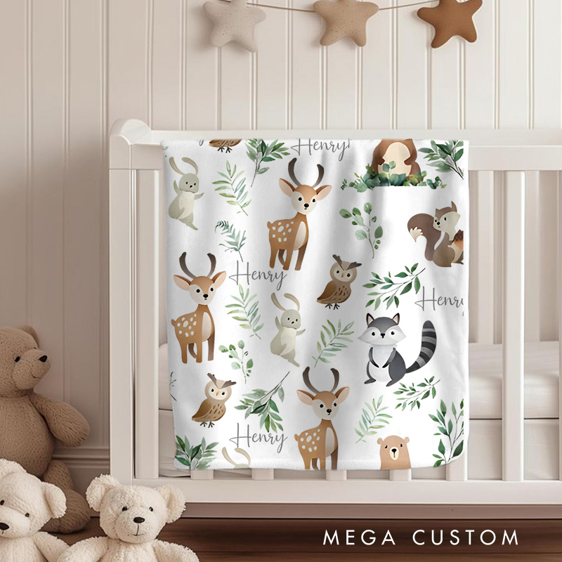 Personalized Woodland Animal Baby Blanket Showcasing Playful Forest Creatures And Nature Details Baby Blanket