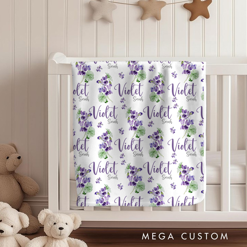 Personalized Name And Floral Pattern Baby Blanket Featuring Repeated Names And Lovely Flowers Baby Blanket