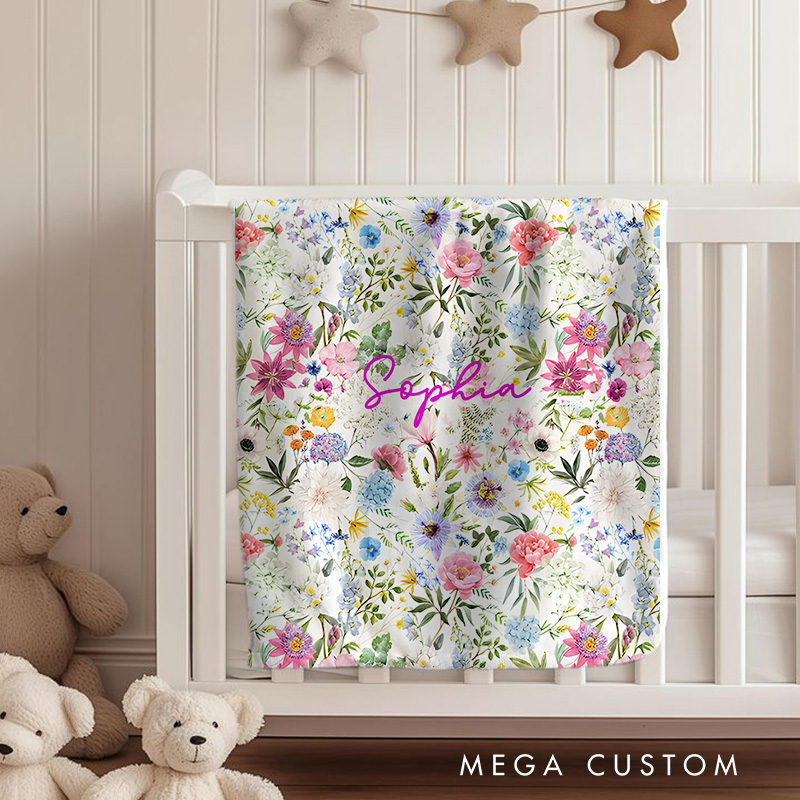 Personalized Colorful Floral Baby Blanket Highlighting A Vibrant Flower Pattern With A Name Baby Blanket