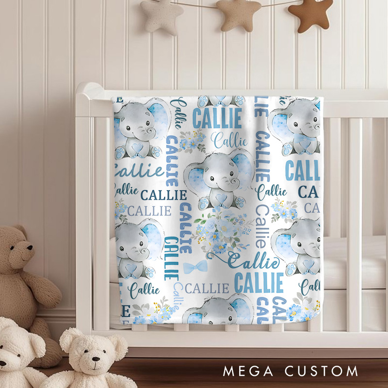 Personalized Cute Pink Blue Floral Elephant Soft Throw Blanket with Multiple Names Nursery Room Decor Birthday Baby Shower Gift for Boys Girls Baby Blanket