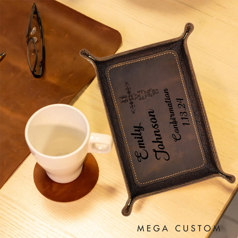 Personalized Cross Retro Crazy Horse Leather Tray with Name and Date Accessory Confirmation Gift for Christian Religious Gift