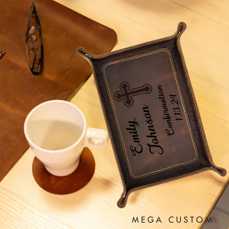 Personalized Retro Crazy Horse Leather Tray with Name Cross and Date Accessory Confirmation Gift for Christian Religious Gift