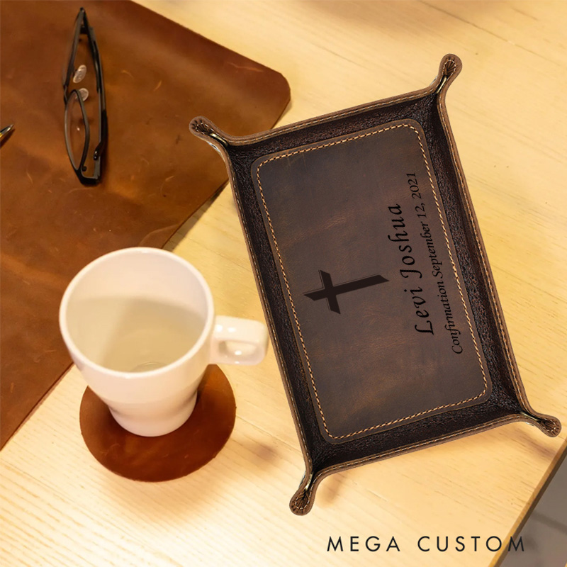 Personalized Cross Retro Crazy Horse Leather Tray with Name and Cross Confirmation Gift Christening Religious Gift for Christian